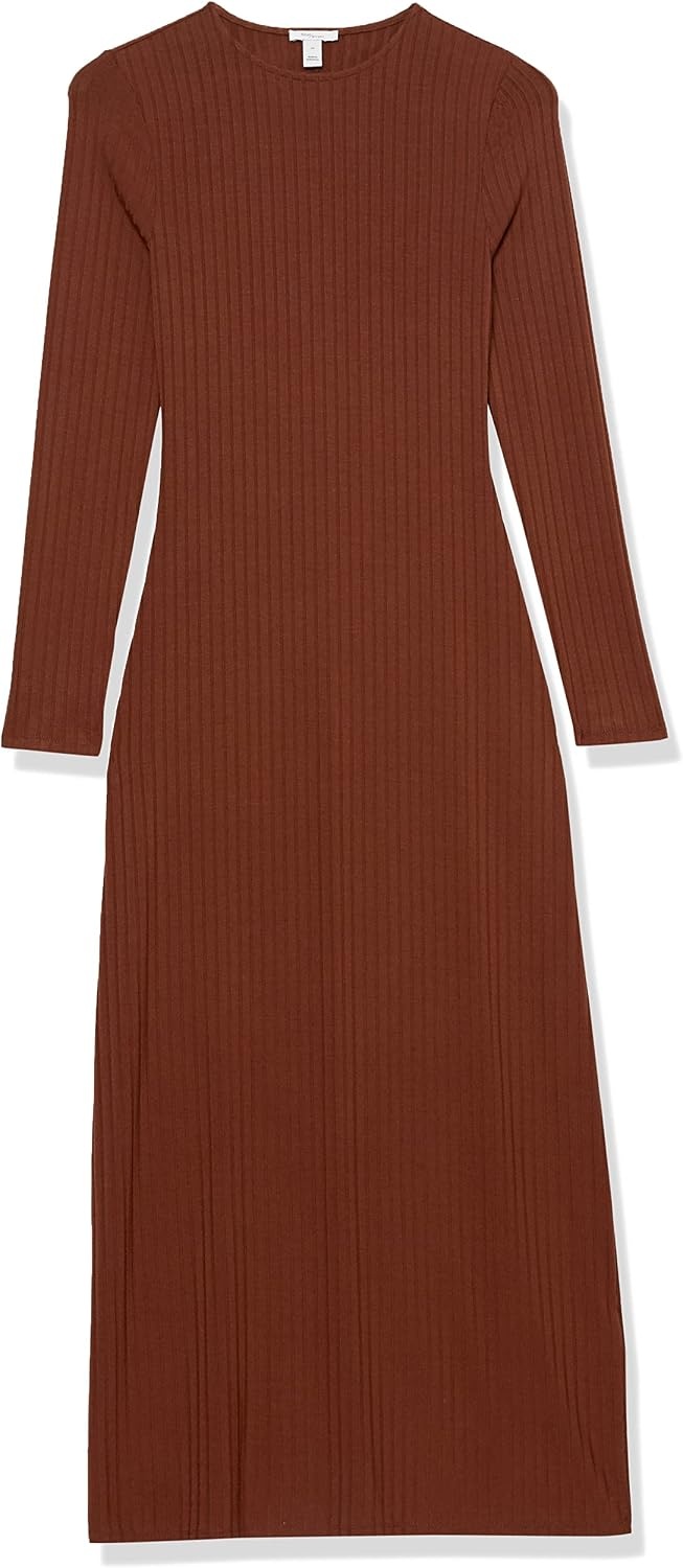 image:imageAmazon Essentials Womens Wide Rib Open Back Long Sleeve Dress Previously Daily RitualChocolate