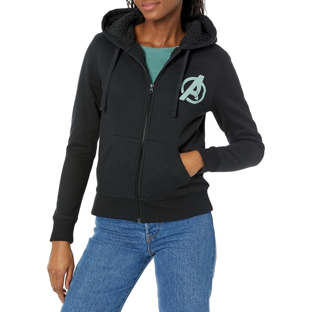 image:imageAmazon Essentials Disney  Marvel  Star Wars  Princess Womens Fleece SherpaLined FullZip Hooded SweatshirtAvengers Logo