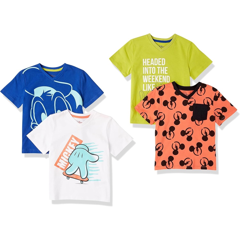 image:imageAmazon Essentials Disney Marvel Star Wars Boys and Toddlers ShortSleeve VNeck Cotton Jersey TShirts Pack of 44pack Mickey Weekend