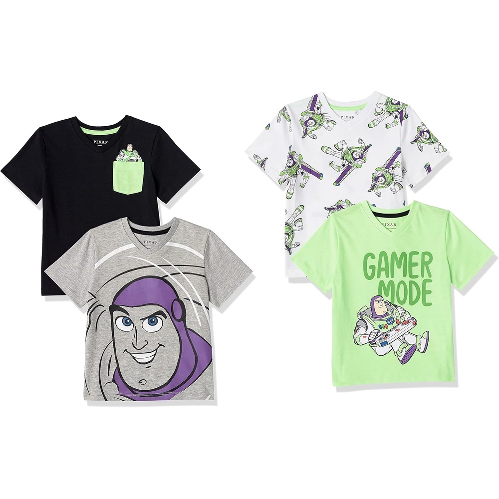 image:imageAmazon Essentials Disney Marvel Star Wars Boys and Toddlers ShortSleeve VNeck Cotton Jersey TShirts Pack of 4NeonToy Story Friends