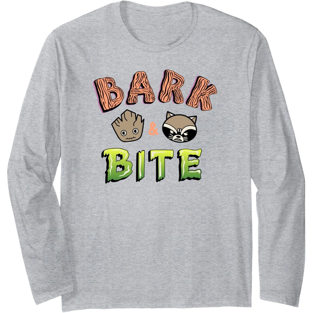 image:imageAmazon Essentials Guardians of the Galaxy Groot and Rocket Bark and Bite Long Sleeve TShirtHeather Grey
