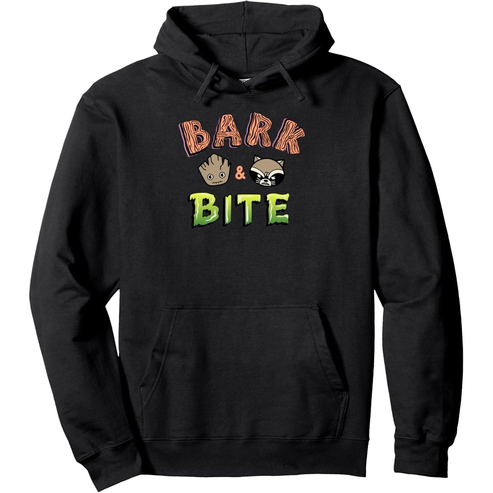 image:imageAmazon Essentials Guardians of the Galaxy Groot and Rocket Bark and Bite Pullover HoodieBlack
