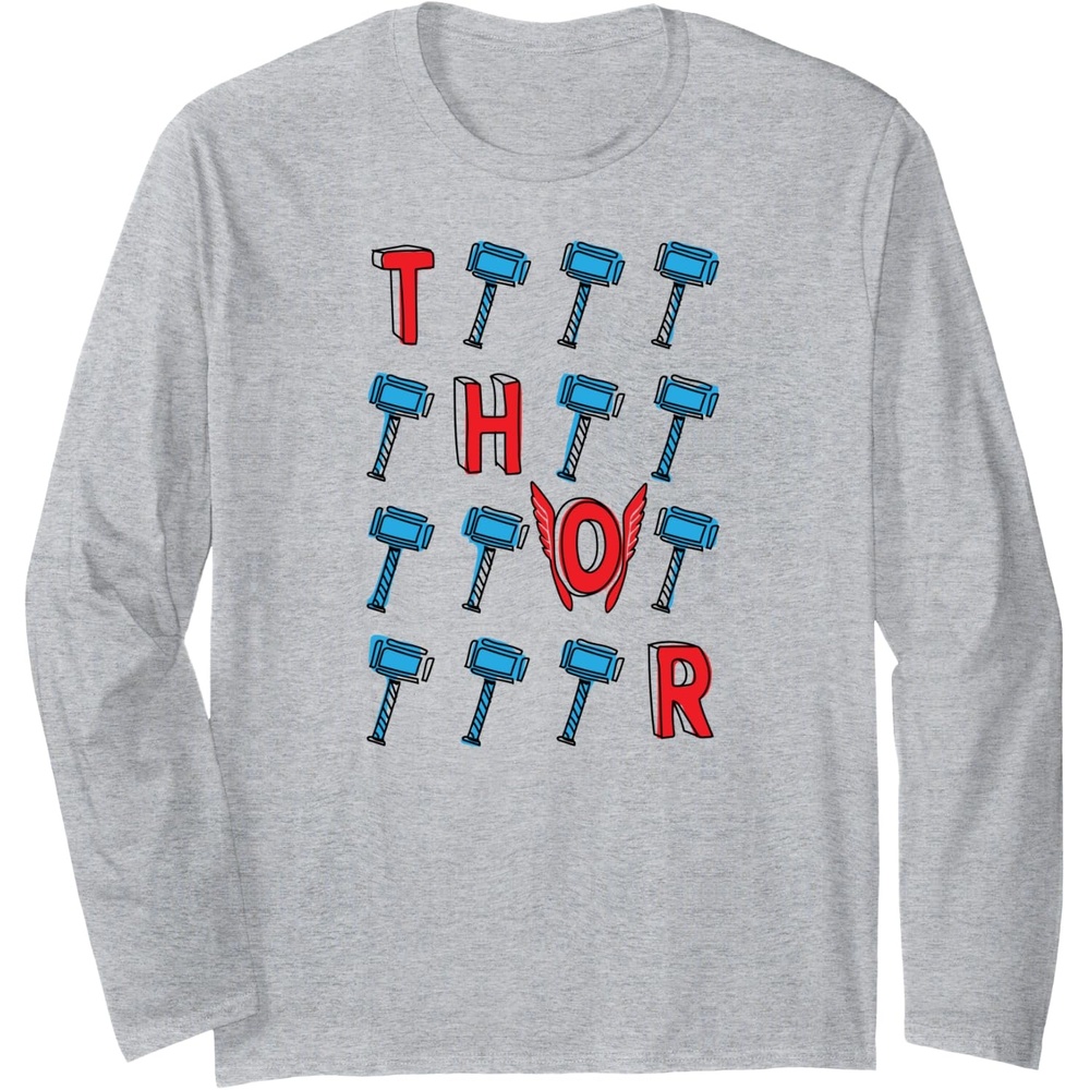 image:imageAmazon Essentials Marvel Avengers Thor Hammer Grid Long Sleeve TShirtHeather Grey