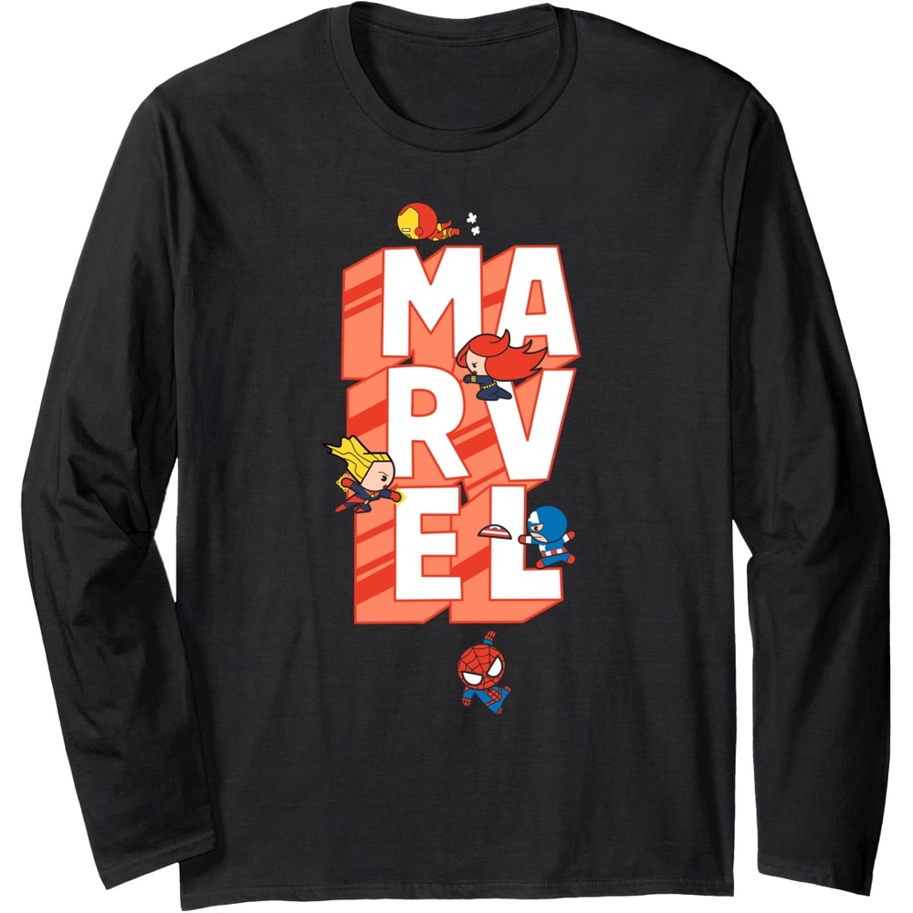 image:imageAmazon Essentials Marvel Block Letters With Five Tiny Super Heroes Long Sleeve TShirtBlack