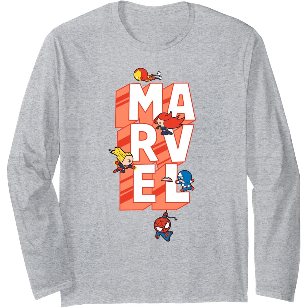image:imageAmazon Essentials Marvel Block Letters With Five Tiny Super Heroes Long Sleeve TShirtHeather Grey