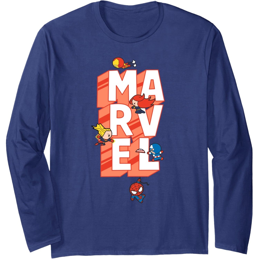 image:imageAmazon Essentials Marvel Block Letters With Five Tiny Super Heroes Long Sleeve TShirtNavy Blue