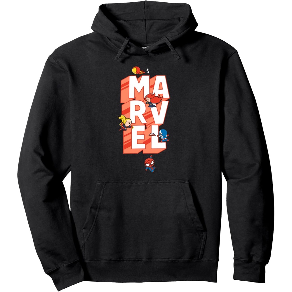 image:imageAmazon Essentials Marvel Block Letters With Five Tiny Super Heroes Pullover HoodieBlack