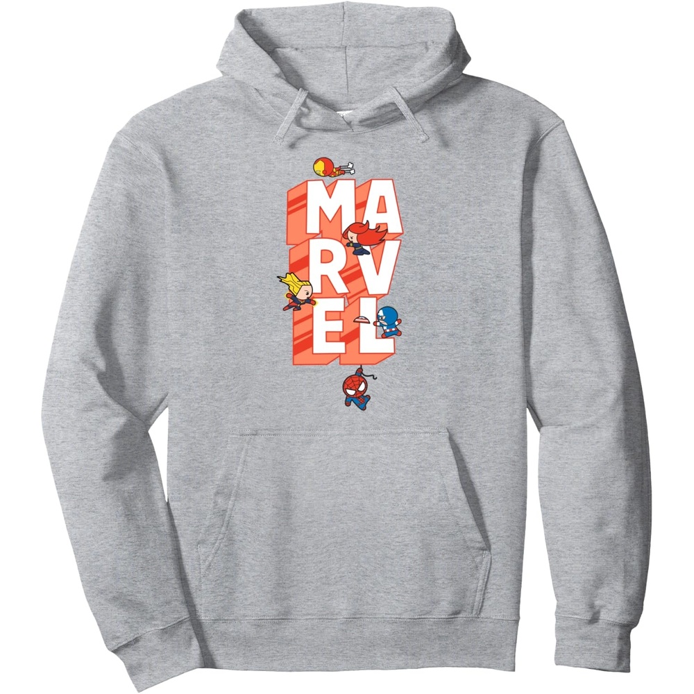 image:imageAmazon Essentials Marvel Block Letters With Five Tiny Super Heroes Pullover HoodieHeather Grey
