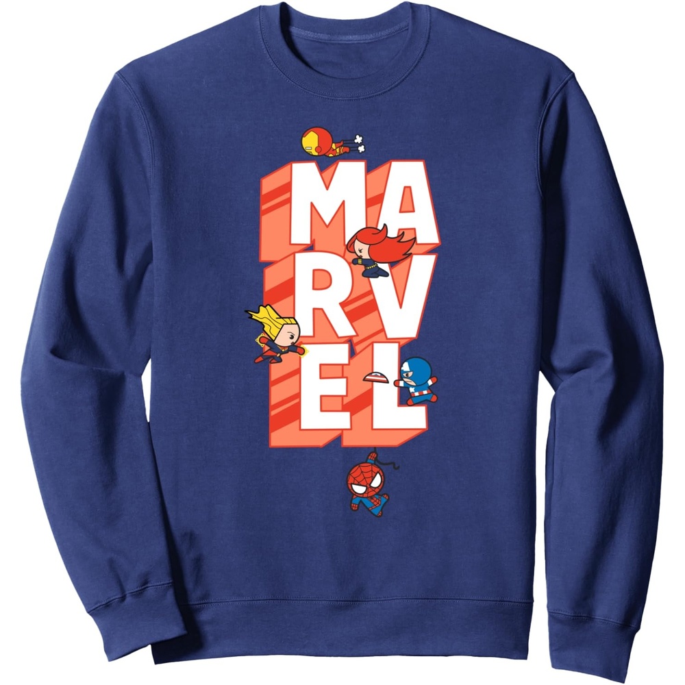 image:imageAmazon Essentials Marvel Block Letters With Five Tiny Super Heroes SweatshirtNavy Blue