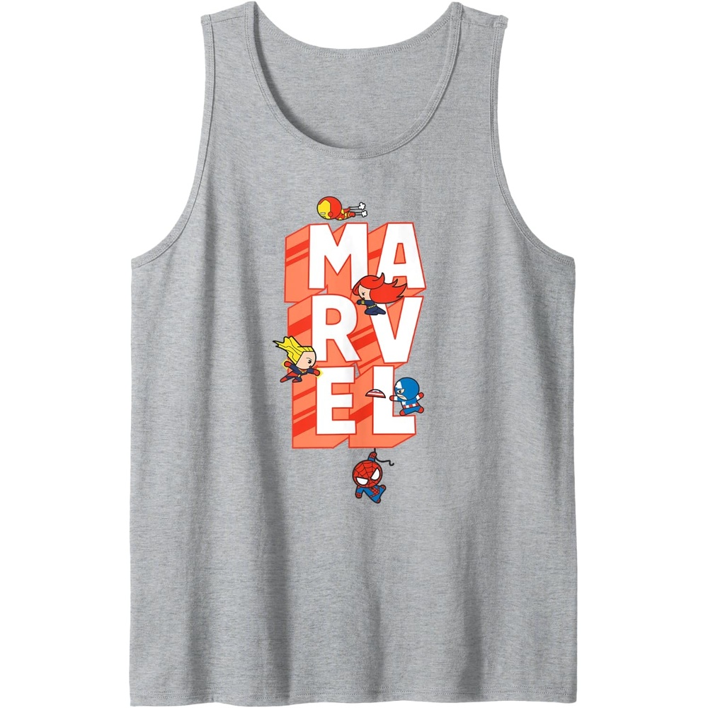image:imageAmazon Essentials Marvel Block Letters With Five Tiny Super Heroes Tank TopHeather Grey