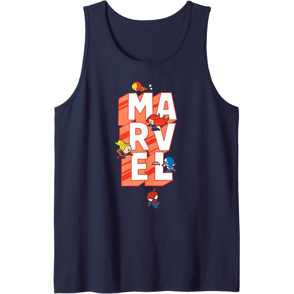 image:imageAmazon Essentials Marvel Block Letters With Five Tiny Super Heroes Tank TopNavy Blue