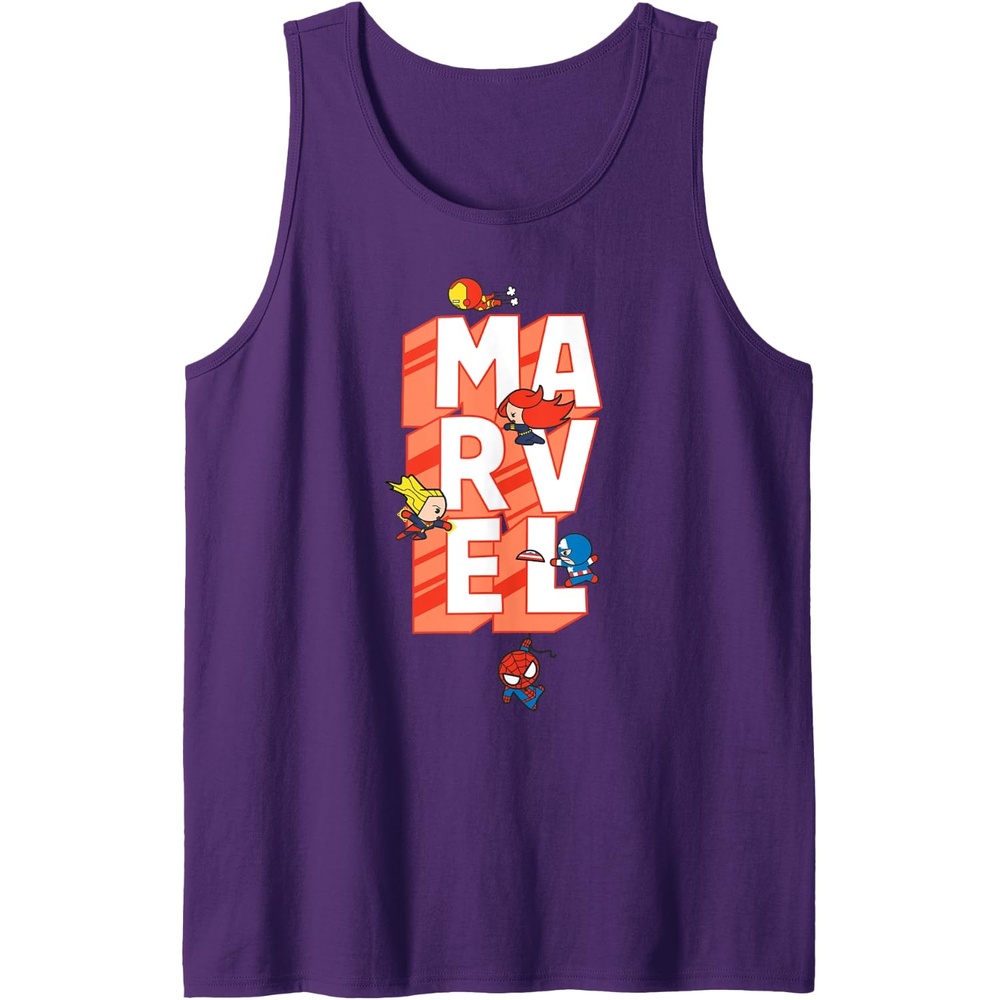 image:imageAmazon Essentials Marvel Block Letters With Five Tiny Super Heroes Tank TopPurple