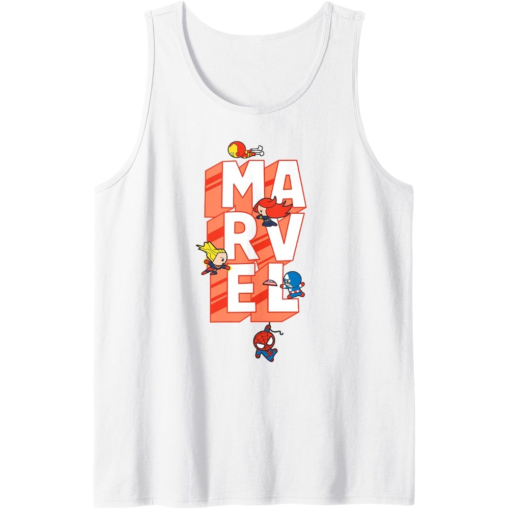 image:imageAmazon Essentials Marvel Block Letters With Five Tiny Super Heroes Tank TopWhite