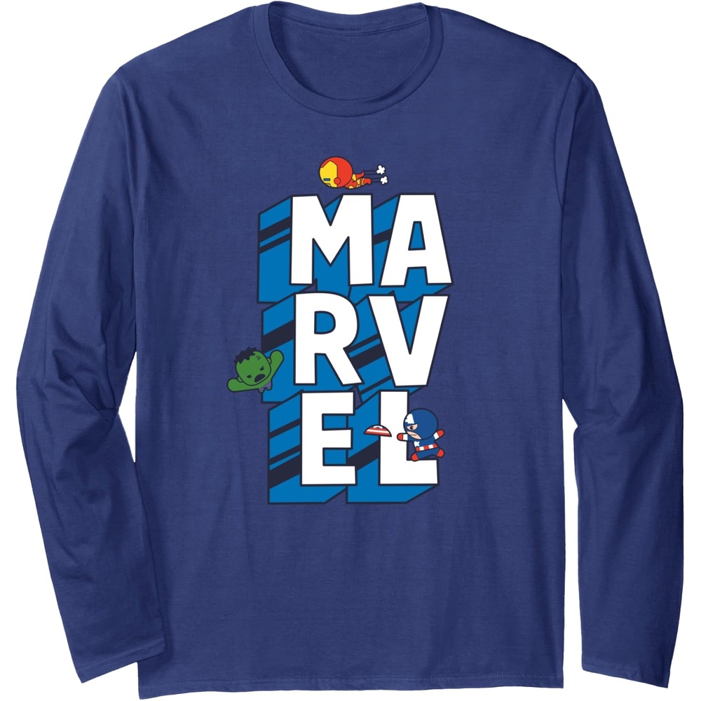 image:imageAmazon Essentials Marvel Block Letters With Three Tiny Super Heroes Long Sleeve TShirtNavy Blue