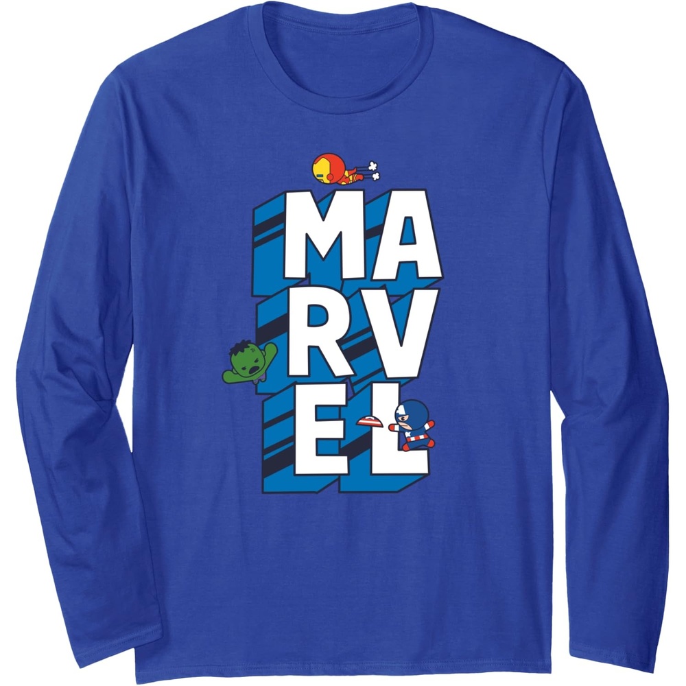 image:imageAmazon Essentials Marvel Block Letters With Three Tiny Super Heroes Long Sleeve TShirtRoyal Blue