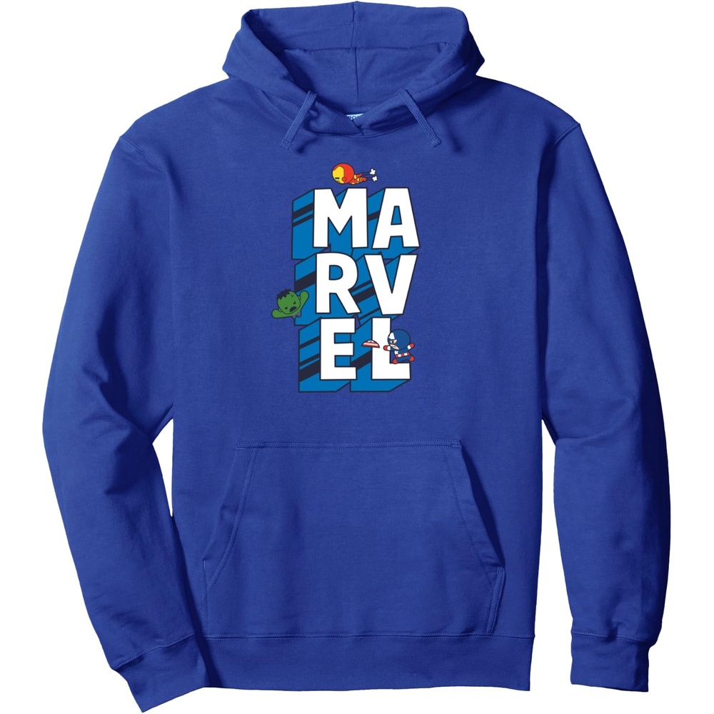 image:imageAmazon Essentials Marvel Block Letters With Three Tiny Super Heroes Pullover HoodieRoyal Blue
