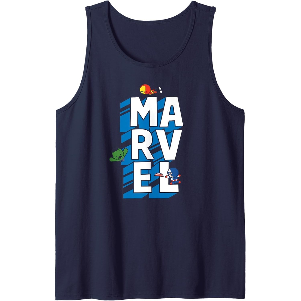 image:imageAmazon Essentials Marvel Block Letters With Three Tiny Super Heroes Tank TopNavy Blue