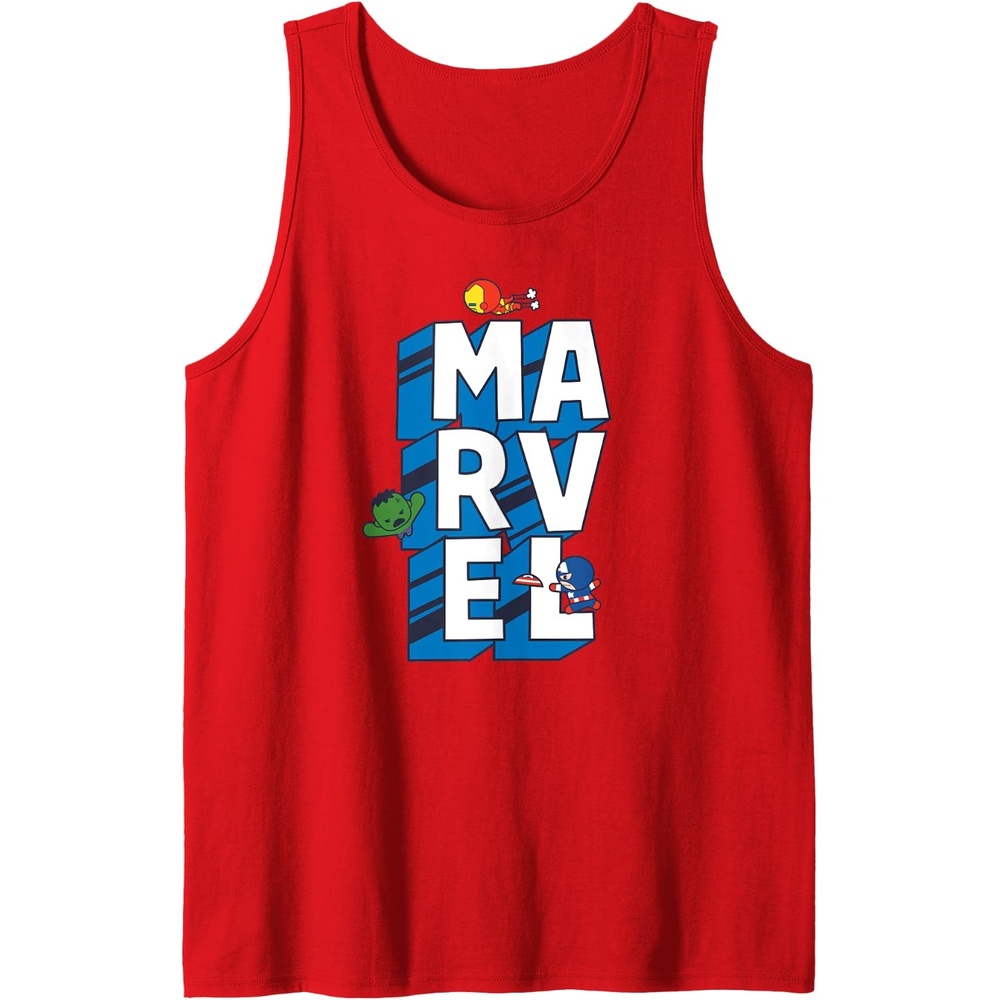 image:imageAmazon Essentials Marvel Block Letters With Three Tiny Super Heroes Tank TopRed