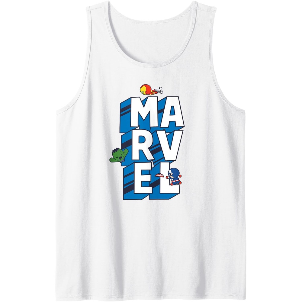 image:imageAmazon Essentials Marvel Block Letters With Three Tiny Super Heroes Tank TopWhite