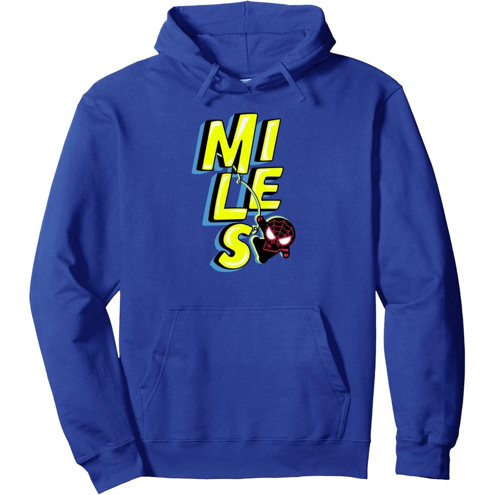 image:imageAmazon Essentials Marvel Miles Morales SpiderMan Bold Yellow Name Pullover HoodieRoyal Blue