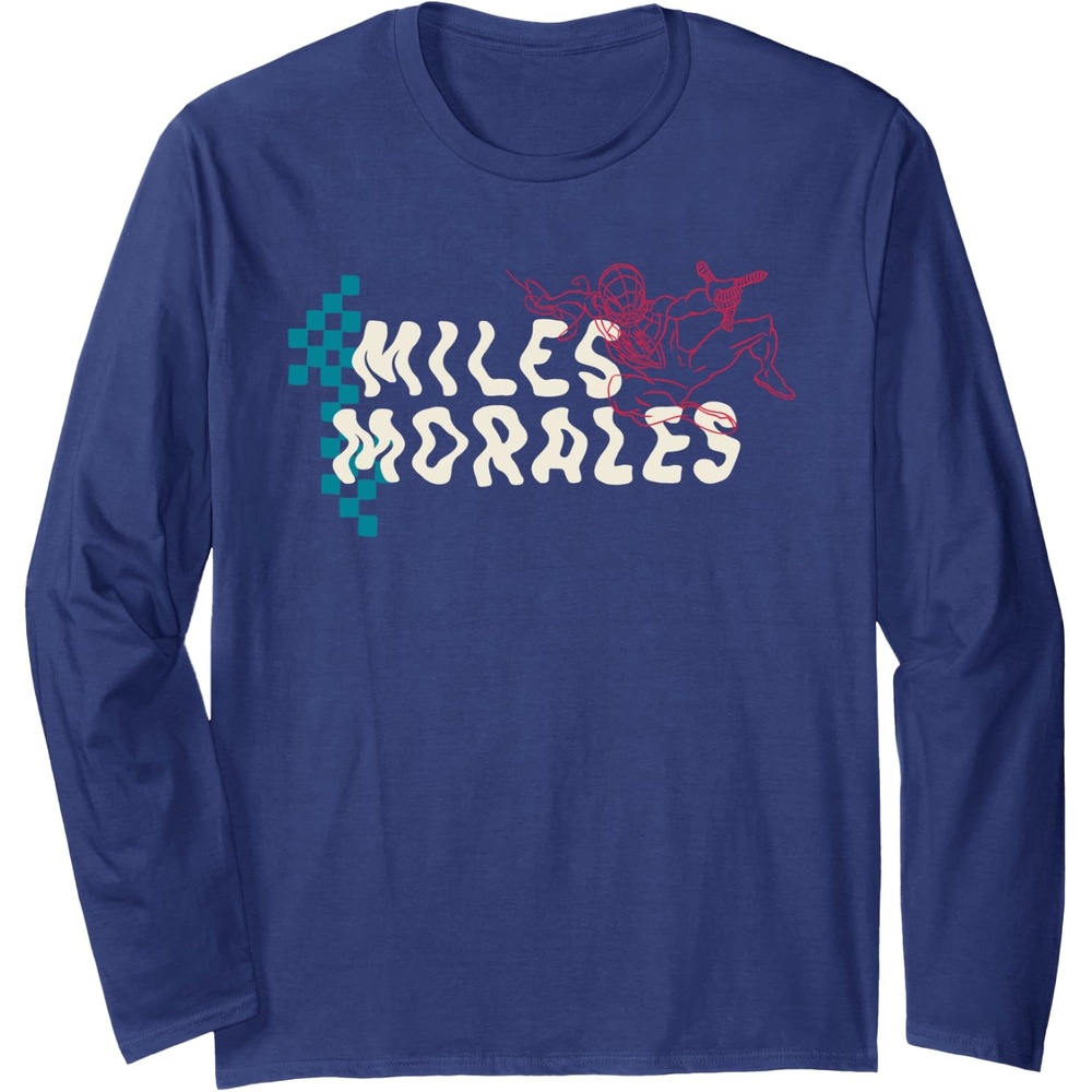 image:imageAmazon Essentials Marvel Miles Morales SpiderMan Checkerboard Collage Long Sleeve TShirtNavy Blue