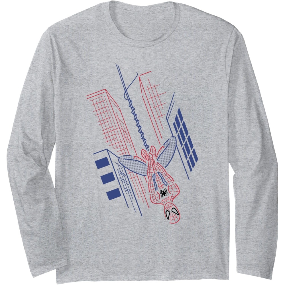 image:imageAmazon Essentials Marvel SpiderMan Hanging in the City Line Drawing Long Sleeve TShirtHeather Grey
