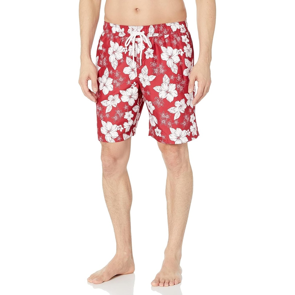 image:imageAmazon Essentials Mens Mens 9 QuickDry Lightweight Breathable Swim Trunk with Mesh LinerRed Hibiscus Flower