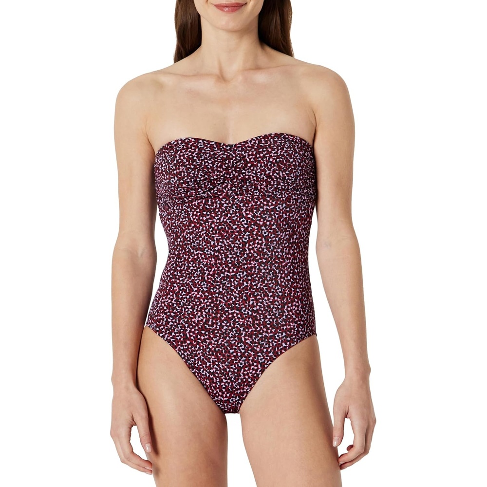 image:imageAmazon Essentials Womens Bandeau One Piece SwimsuitBrick Red Lilac Leopard