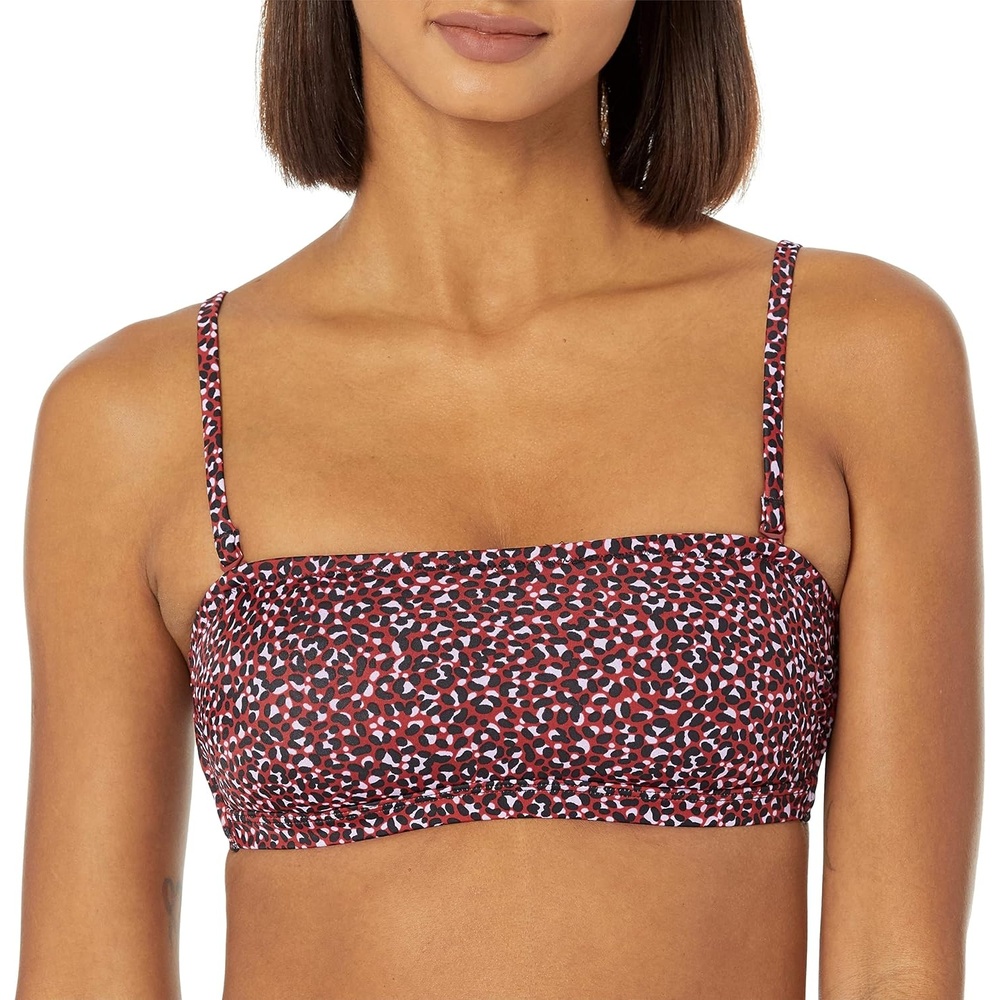 image:imageAmazon Essentials Womens Bandeau Swim Top with Removable Straps Mesh Liner Hook FastenerBrick Red Leopard