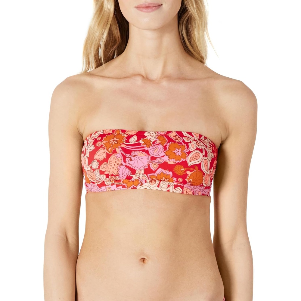 image:imageAmazon Essentials Womens Bandeau Swim Top with Removable Straps Mesh Liner Hook FastenerBright Red Multi Folk Floral