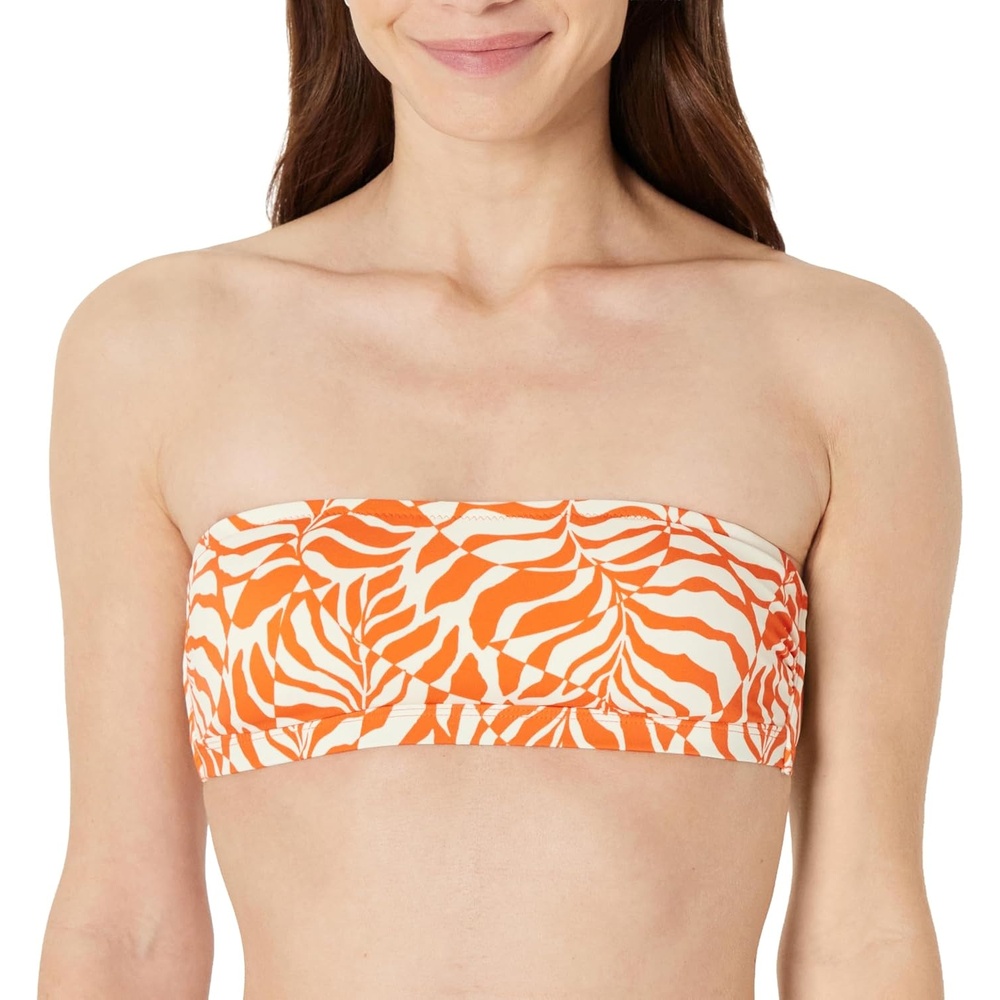 image:imageAmazon Essentials Womens Bandeau Swim Top with Removable Straps Mesh Liner Hook FastenerRust Orange Abstract Palms