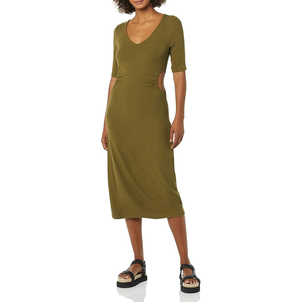 image:imageAmazon Essentials Womens Fine Rib V Neck Side CutOut Midi Dress Previously Daily RitualDark Olive