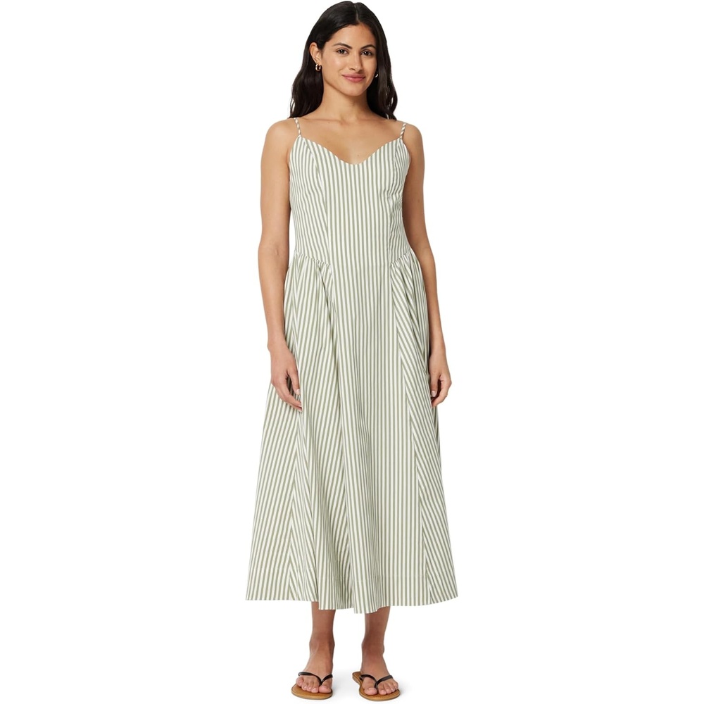 image:imageAmazon Essentials Womens Fit amp Flare Thin Strap Cotton Poplin Midi DressWashed Khaki Green Even Stripe
