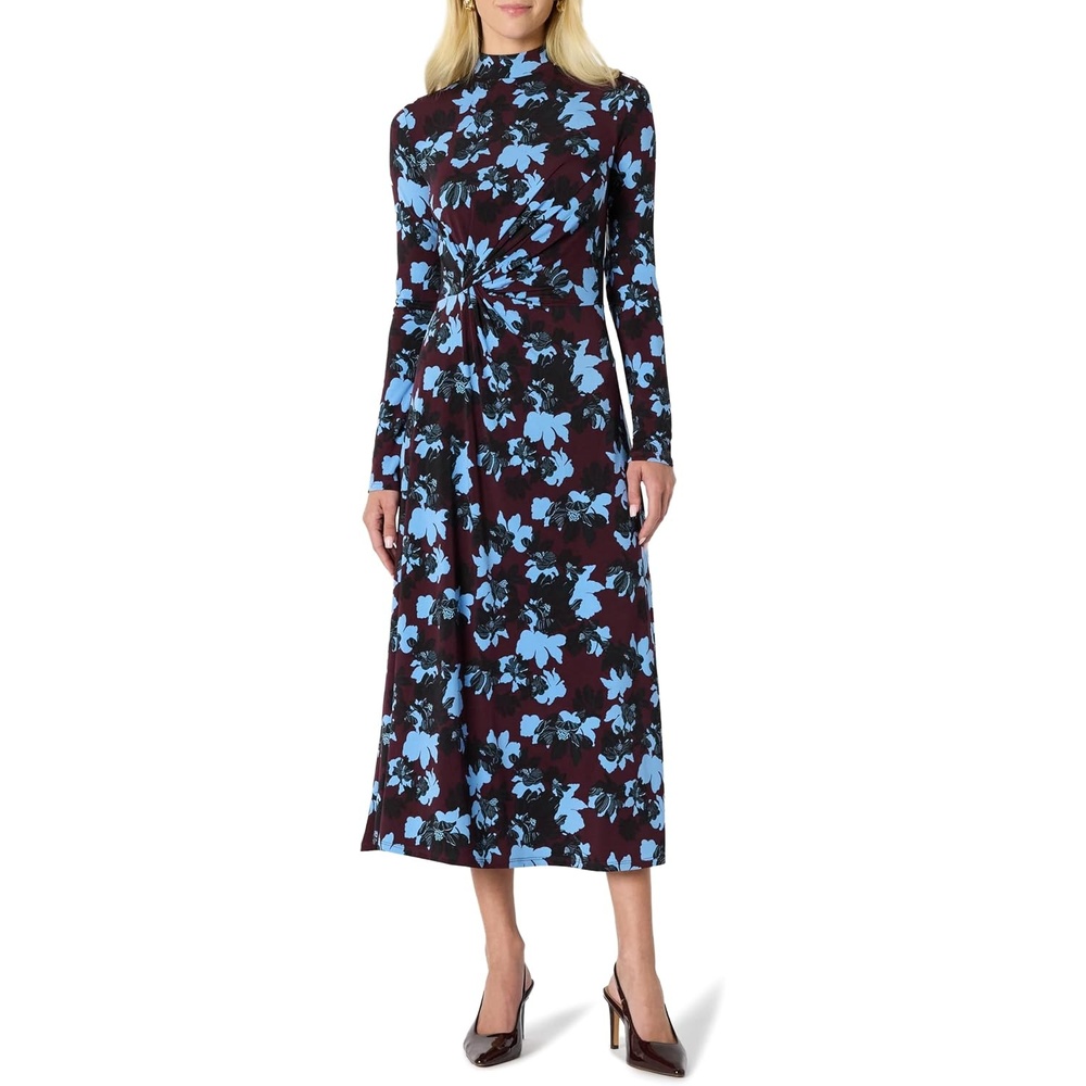 image:imageAmazon Essentials Womens Fit and Flare Jersey LongSleeved Maxi DressBurgundy Blue Floral