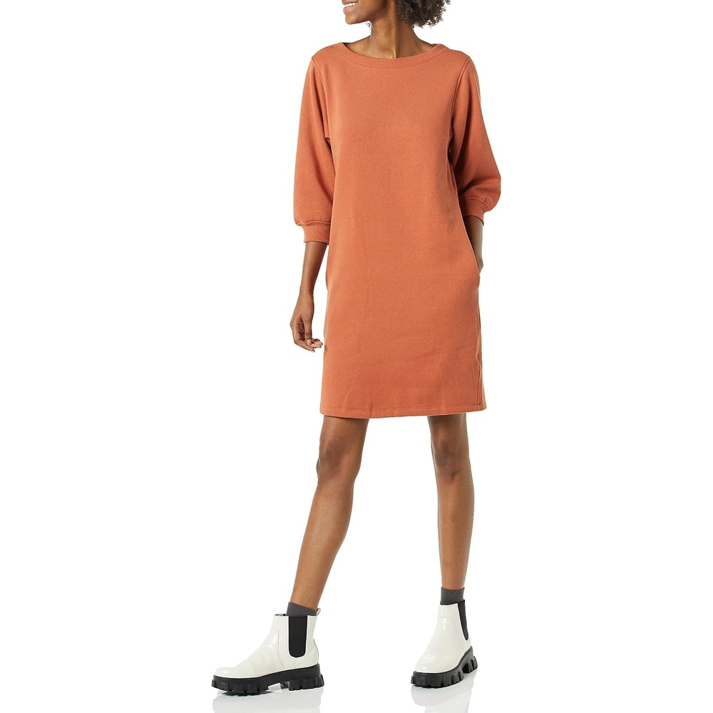 image:imageAmazon Essentials Womens Fleece Blouson Sleeve Boatneck Sweatshirt Dress Available in Plus SizeCaramel