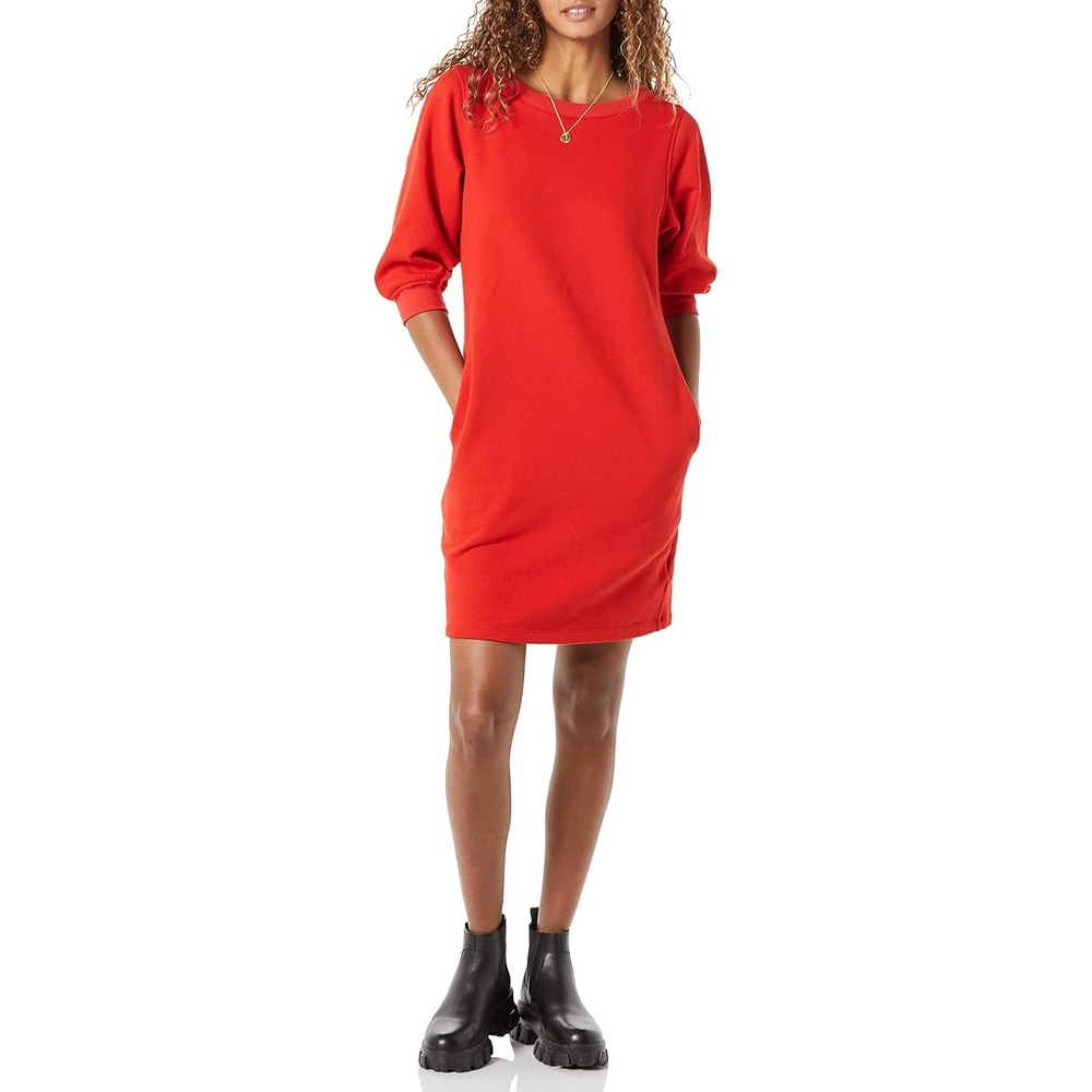 image:imageAmazon Essentials Womens Fleece Blouson Sleeve Boatneck Sweatshirt Dress Available in Plus SizeRed