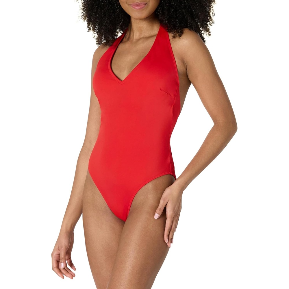 image:imageAmazon Essentials Womens Halter One Piece SwimsuitBright Poppy Red