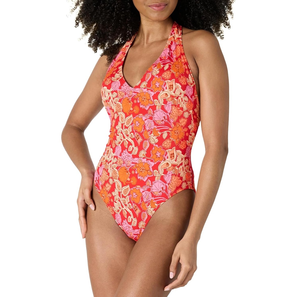 image:imageAmazon Essentials Womens Halter One Piece SwimsuitBright Red Multi Folk Floral