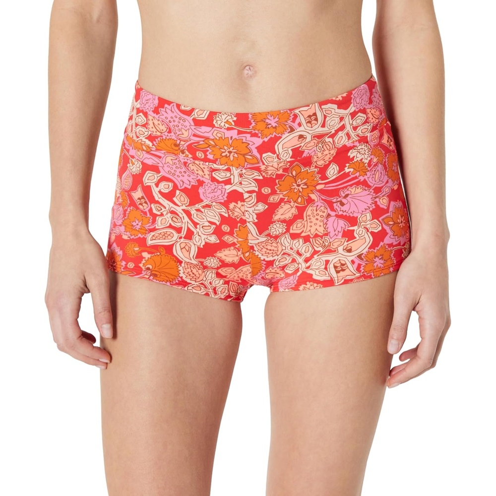image:imageAmazon Essentials Womens High Rise Boy Short Swim Bikini BottomBright Poppy Red Folk Floral
