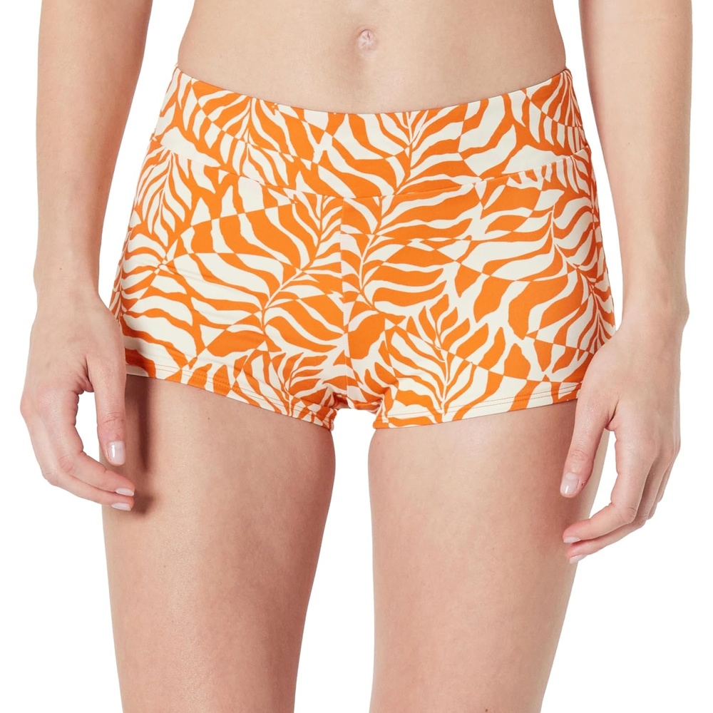 image:imageAmazon Essentials Womens High Rise Boy Short Swim Bikini BottomRust Orange Abstract Palms