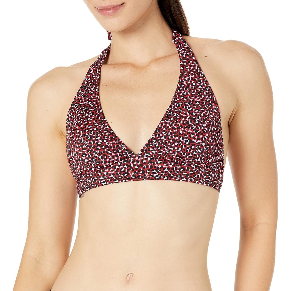 image:imageAmazon Essentials Womens LightSupport Padded Tie Halter Bikini Swimsuit Top Available in Plus SizeBrick Red Leopard
