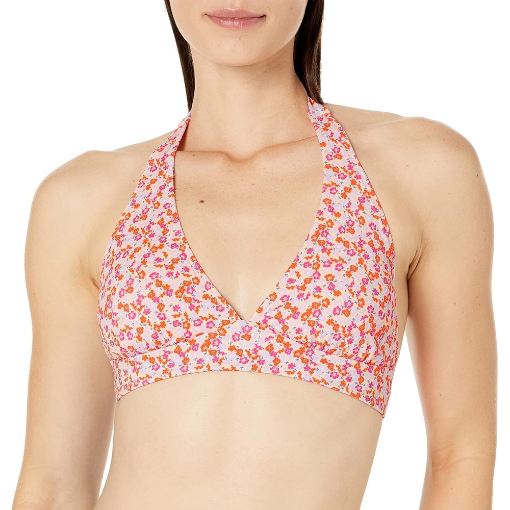 image:imageAmazon Essentials Womens LightSupport Padded Tie Halter Bikini Swimsuit Top Available in Plus SizePale Peach Micro Floral