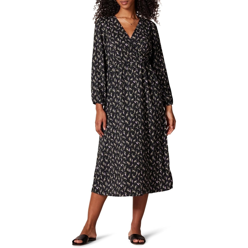 image:imageAmazon Essentials Womens Lightweight Georgette Long Sleeve VNeck Midi Dress Available in Plus SizeBlack Bouquet Floral