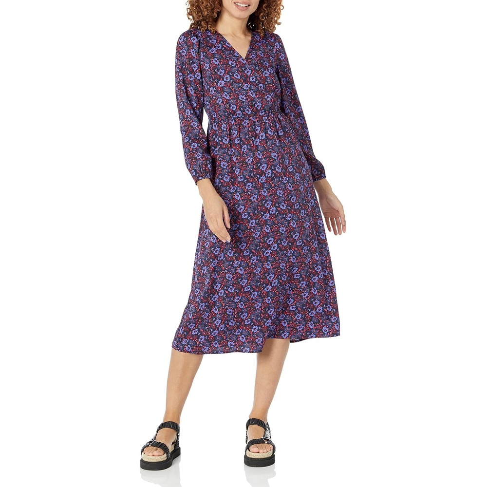 image:imageAmazon Essentials Womens Lightweight Georgette Long Sleeve VNeck Midi Dress Available in Plus SizeDark Blue Pansy