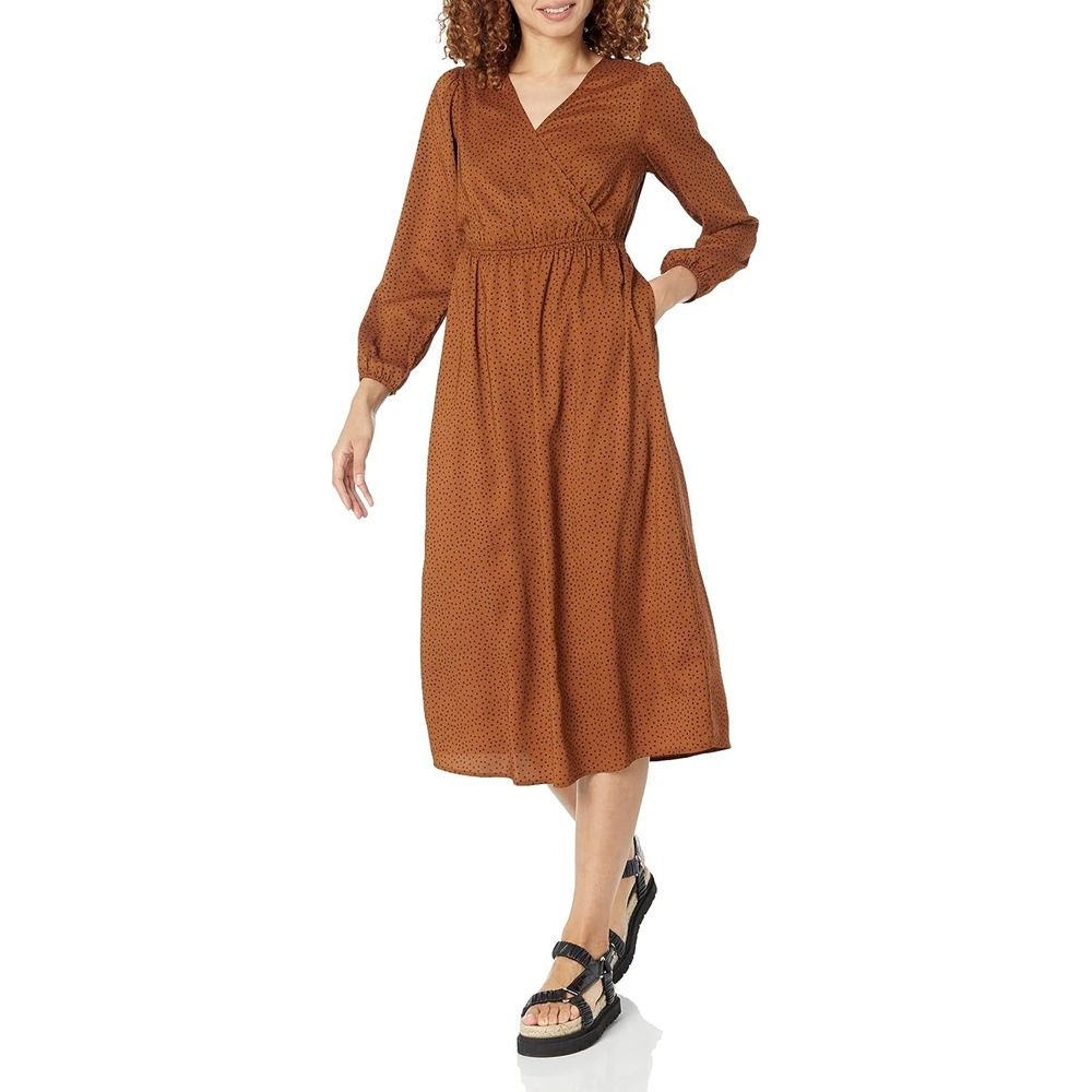 image:imageAmazon Essentials Womens Lightweight Georgette Long Sleeve VNeck Midi Dress Available in Plus SizeDark Chestnut Brown Diamond