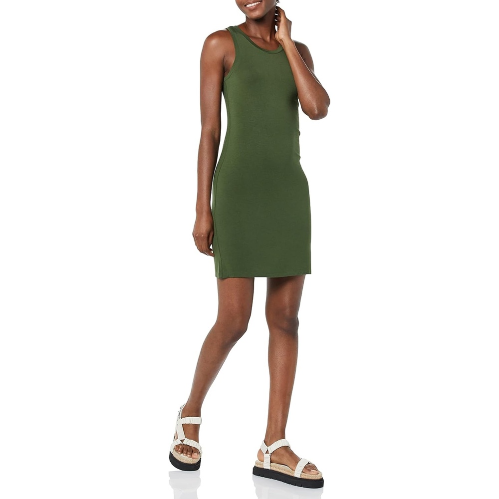 image:imageAmazon Essentials Womens Lightweight Jersey SlimFit Tank Mini DressDark Olive