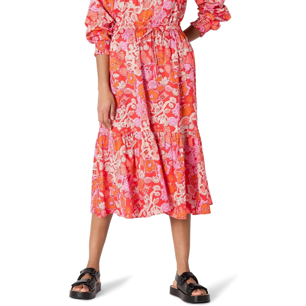 image:imageAmazon Essentials Womens MidRise Aline Cotton Sateen Tiered Midi Skirt Top Sold SeparatelyBright Poppy Red Folk Floral Multi