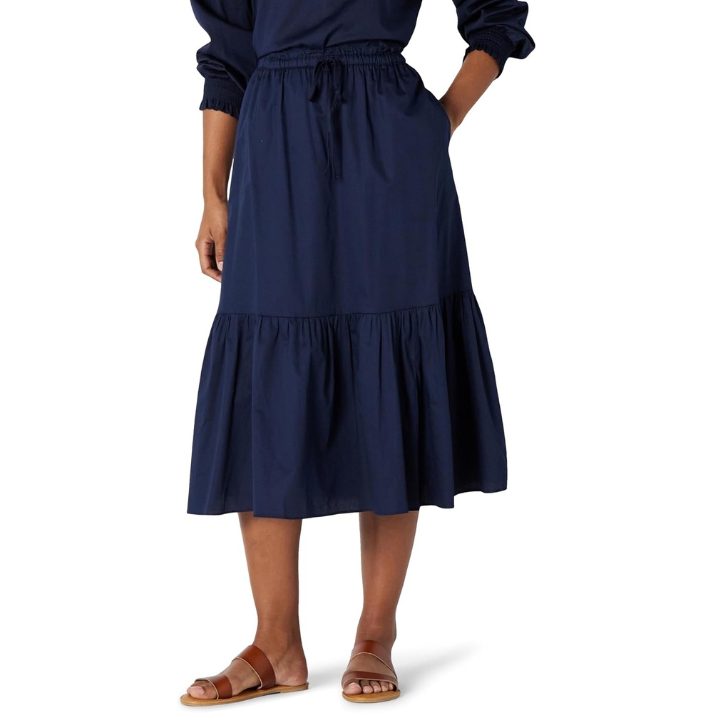 image:imageAmazon Essentials Womens MidRise Aline Cotton Sateen Tiered Midi Skirt Top Sold SeparatelyNavy