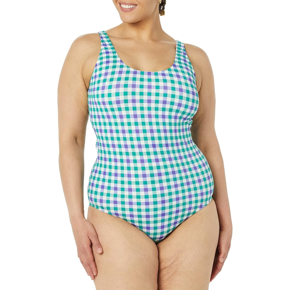 image:imageAmazon Essentials Womens OnePiece Scoop Neck Coverage Swimsuit Available in Plus SizeBlue Green Gingham