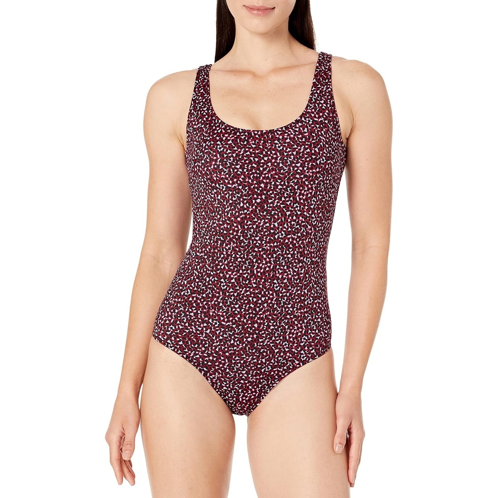image:imageAmazon Essentials Womens OnePiece Scoop Neck Coverage Swimsuit Available in Plus SizeBrick Red Leopard